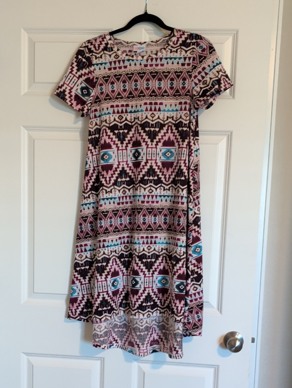Aztec Print Short Sleeve Swing Dress in Pink and Teal